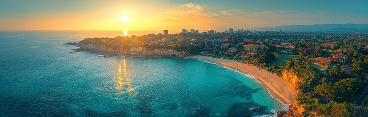 Panoramic aerial drone view of Newcastle, a harbour city in NSW, Australia, with a cargo ship arriving on a sunny day