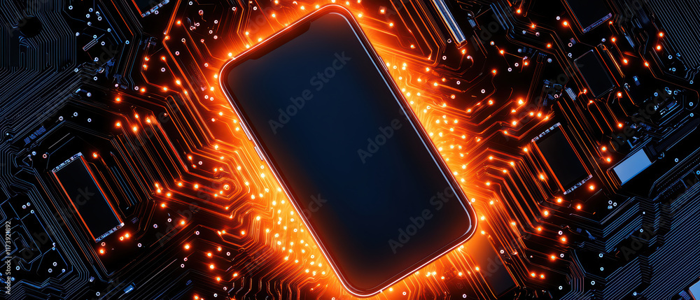 Poster smartphone surrounded by glowing circuit patterns and technology elements