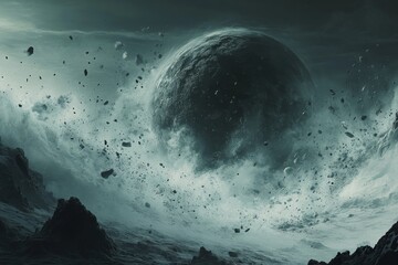 Mysterious planet surrounded by cosmic debris in a turbulent atmosphere