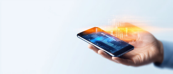 hand holding smartphone displaying digital data and graphs
