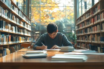 young male student studying writing reading book in serene library with natural light
