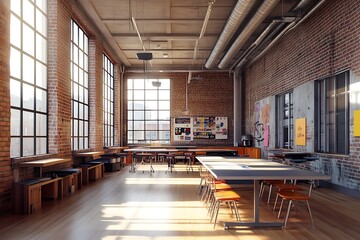 A spacious, modern classroom with large windows, wooden tables, and creative displays.