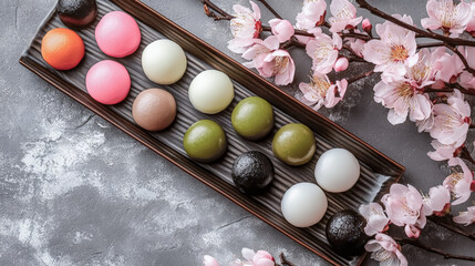 Japanese Mochi ice cream in rice dough. Traditional Japanese dessert. For holiday greeting cards. Concept: Lifestyle, Culinary, Desserts. Image with space for text.