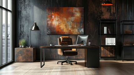 Sleek and Modern Workspace and modern wall art, copy space