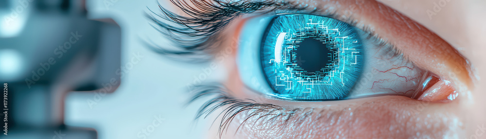 Poster close up of cybernetic eye with intricate circuitry patterns, showcasing technology