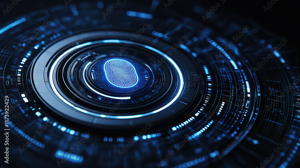 Poster digital biometric fingerprint scanner with futuristic design and glowing elements