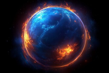 Vibrant planet surrounded by flames and cosmic energy in a dark universe