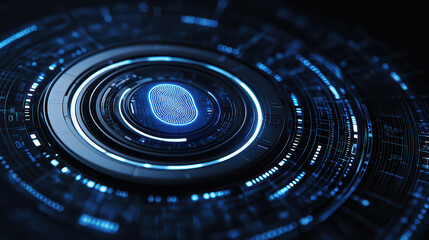 Digital biometric fingerprint scanner with futuristic design and glowing elements