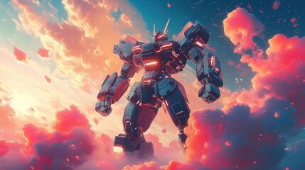 Heroic Anime Robot Pose in a Vibrant Sci-Fi Scene with Dynamic Lighting and Clouds