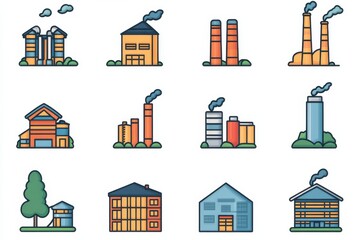 Obraz premium Diverse industrial and residential structures illustrated with smokestacks in a modern flat design style