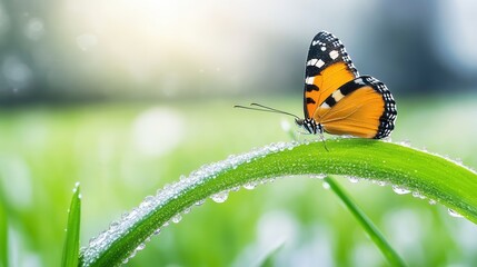 Obraz premium Butterfly on dewy grass with sparkling water droplets in a meadow