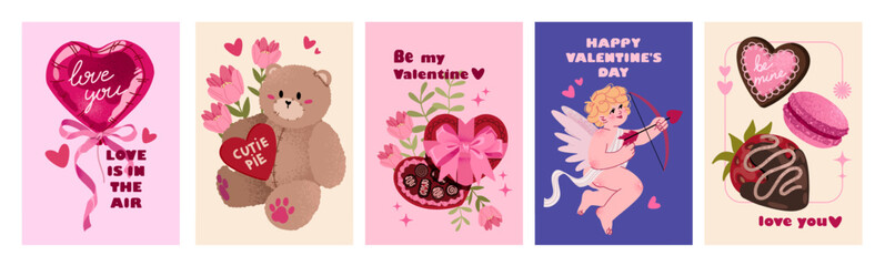 Valentine's day Greeting poster, greeting card, cover, label. Cute teddy bear, bouquet of flowers, cupid and sweet. Cartoon style.
