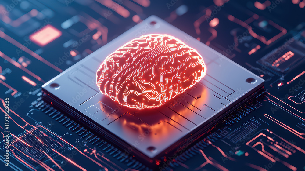 Poster neural interface with glowing brain design on circuit board