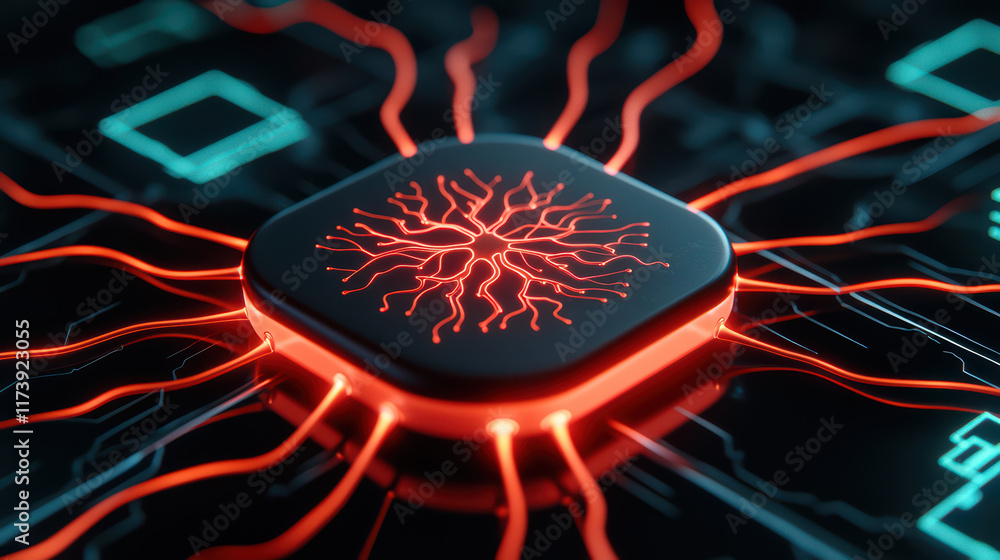 Poster close up of neural interface with glowing red connections and circuits