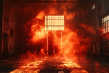 Fototapeta premium Intense orange light illuminates abandoned warehouse filled with smoke
