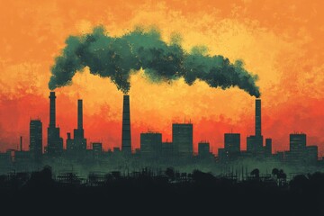Obraz premium Industrial skyline emits dark smoke against a vibrant orange sunset in a city landscape