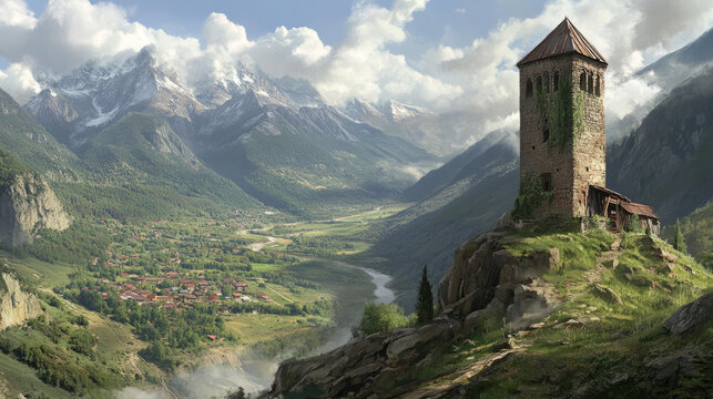 Old dilapidated watchtower in the village of SNO, Georgia. Mountain valley of a small authentic village.