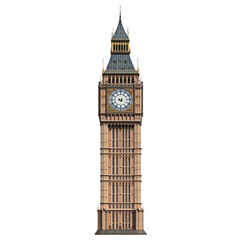 The huge Big Ben tower rises against a white background