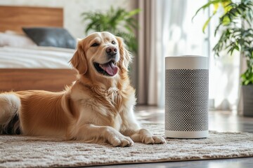 Happy golden retriever relaxing at home next to an air purifier on a sunny day