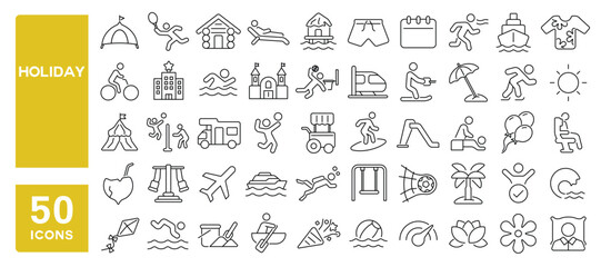 Set of 50 line icons related to holiday, vacation, travel, beach, play, fun, leisure, summer, activity, trip, Editable stroke. Vector illustration