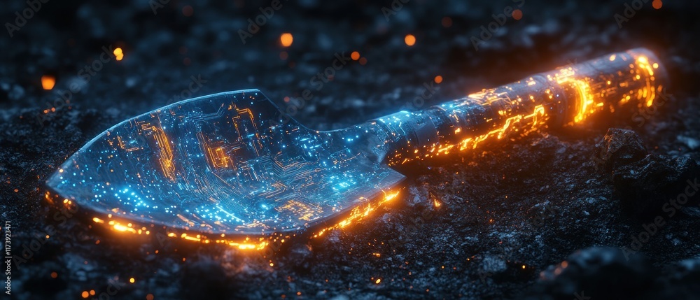 Poster Futuristic Shovel for Data Extraction and Mining with Circuitry and Neon Lights in Cyberpunk Style