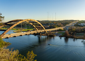 Pennybacker suspension bridge or 360 Bridge from overlook by Colorado River near Austin TX