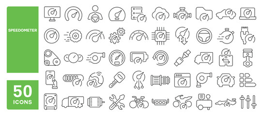 Set of 50 line icons related to speedometer, engine, speed, fast, accelerate, vehicle, car, dashboard, device, gauge, wheel, performance, Editable stroke. Vector illustration