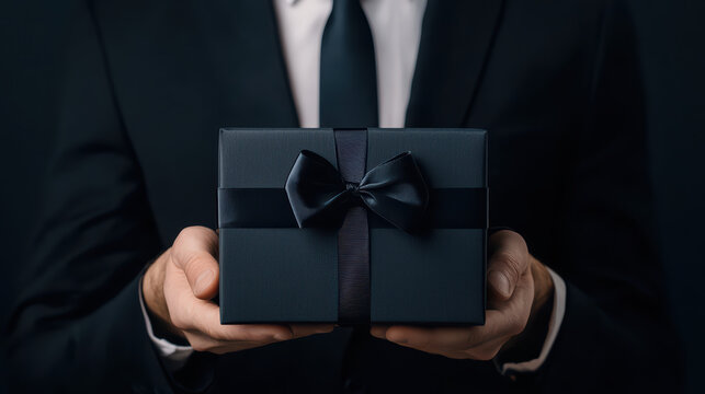 man in suit presents stylish black gift box with bow