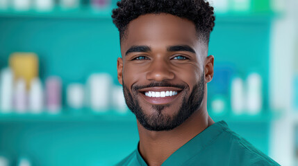 smiling male healthcare professional green uniform, showcasing confidence and approachability