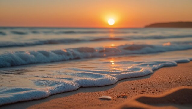 Luminous Sunset Serenity: Tranquil Beach Beauty at Dusk