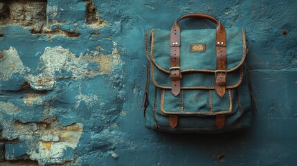 Vintage Leather Backpack Hanging Against an Aged and Textured Blue Painted Wall, Highlighting Rustic Charm and Timeless Style in Urban Decay Settings