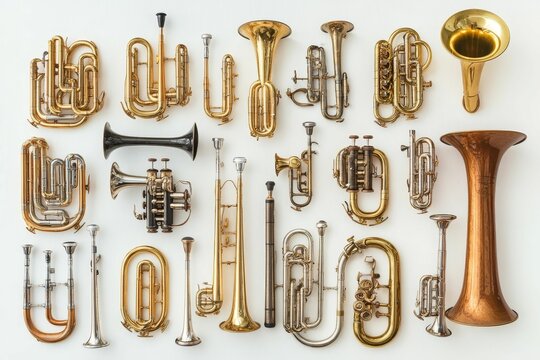 Brass instruments arranged on white background.