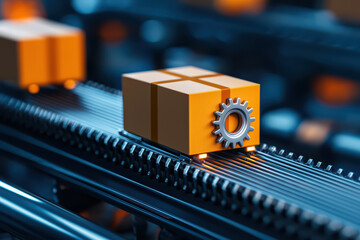 Automated conveyor system with orange packages and gear symbol