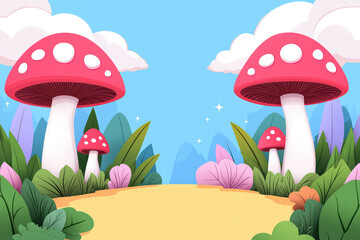 Colorful cartoon style mushrooms in whimsical landscape with vibrant plants