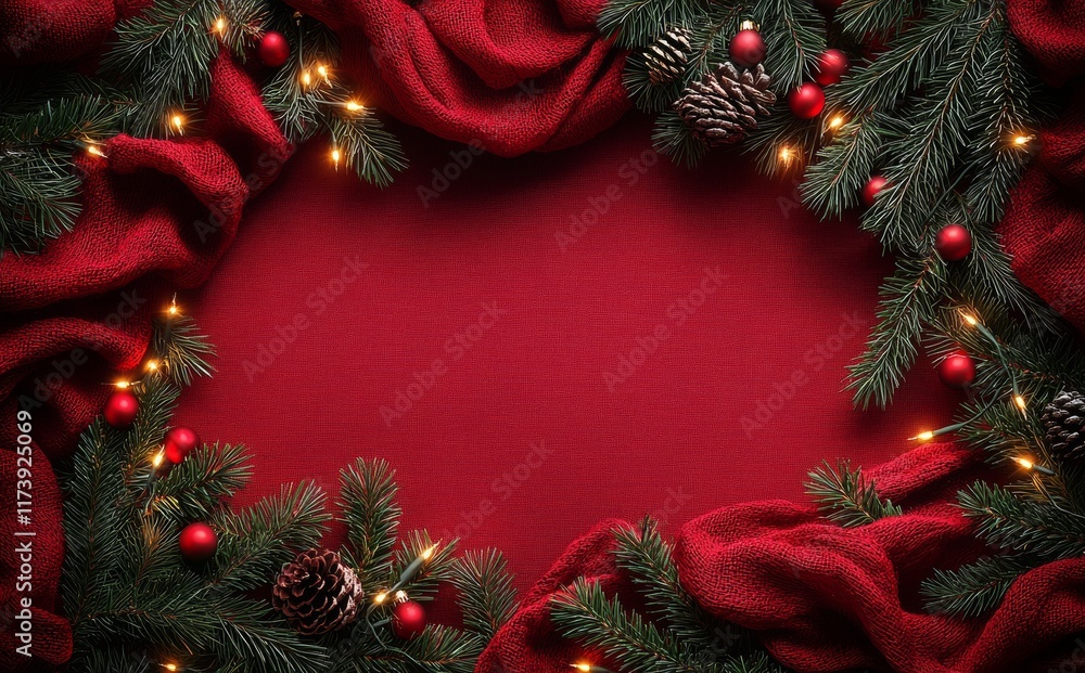 Poster christmas background featuring a xmas tree with sparkle bokeh lights on a red canvas