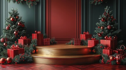 A festive wooden podium pedestal adorned with a Christmas tree and gifts, offering a red and green themed product display suitable for holiday posters, backgrounds, or banner designs