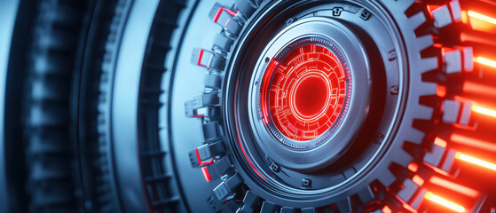Futuristic cybernetic design with glowing red elements and intricate details