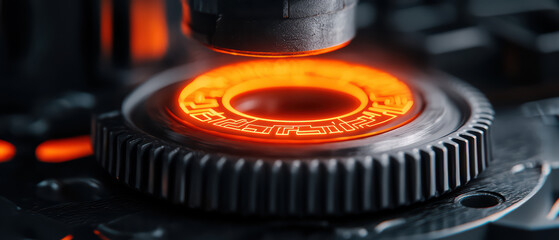 close up view of cybernetic steel mechanism with glowing orange details