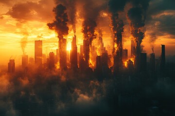 Fototapeta premium Dramatic sunset over a burning city skyline with smoke and fire engulfing skyscrapers