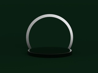 Black podium with silver halo on a green background, for product design and photography