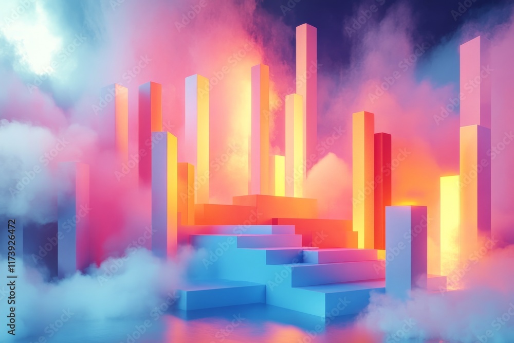 Poster vibrant abstract landscape with illuminated pillars and colorful fog in a surreal environment