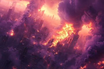 Fototapeta premium Dramatic city skyline engulfed in flames and smoke during a catastrophic event at dusk