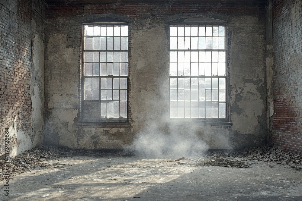 Poster light filtering through dusty windows in an abandoned industrial space creates an atmospheric scene