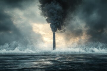 Thick black smoke rises from a factory chimney over a foggy, still water surface at dusk