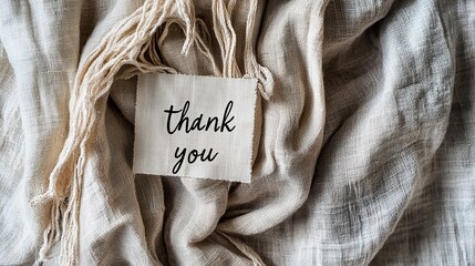 Thank you note on beige fabric.