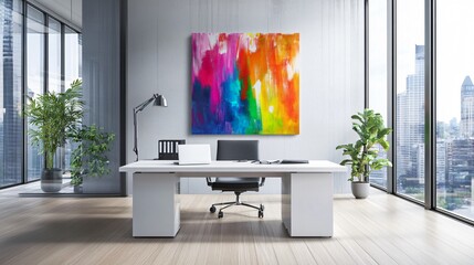 Contemporary home office with sleek furniture, natural lighting, and modern wall art, copy space