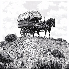 Black and White Illustrations of Covered Wagons in Rugged Terrains, Capturing Historical Travel and Exploration with Vintage and Detailed Art