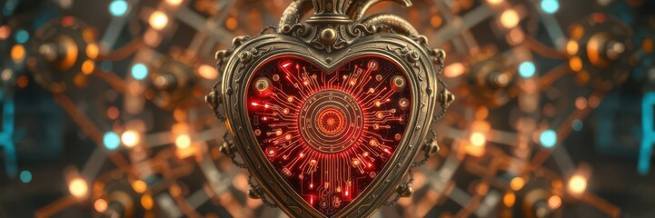 Fototapeta premium Ornate brass steampunk heart, vibrant internal digital circuitry glows, pulse,steampunk
