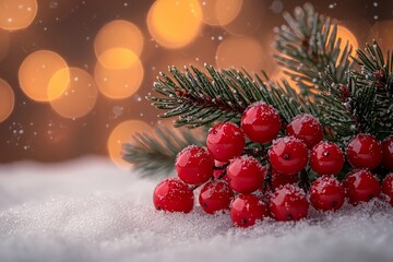 A Christmas tree dressed in snow, featuring red ornaments and a star on top. Nearby, a table brimming with holiday treats and greenery sets the scene for a warm winter gathering