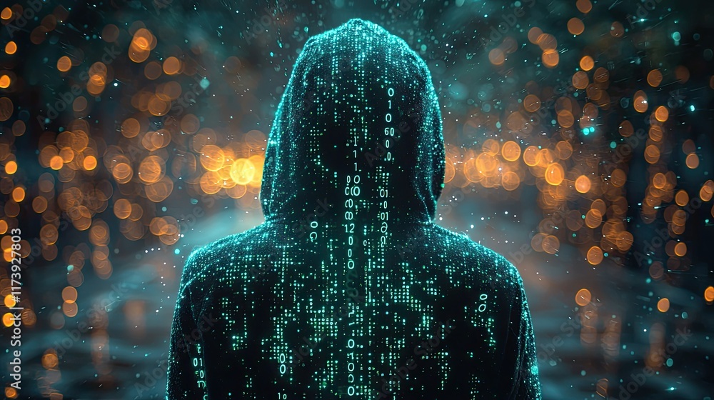 Poster mysterious hooded figure with glowing digital code on back, standing in bokeh lights.